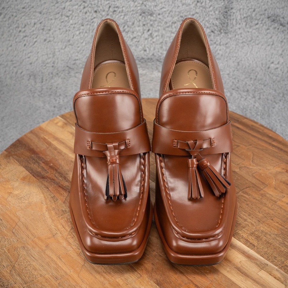 Sam Edelman Jed Platform Block Heel Leather Loafers Tan Retro Sz 8M Office Prepp - Picture 2 of 6